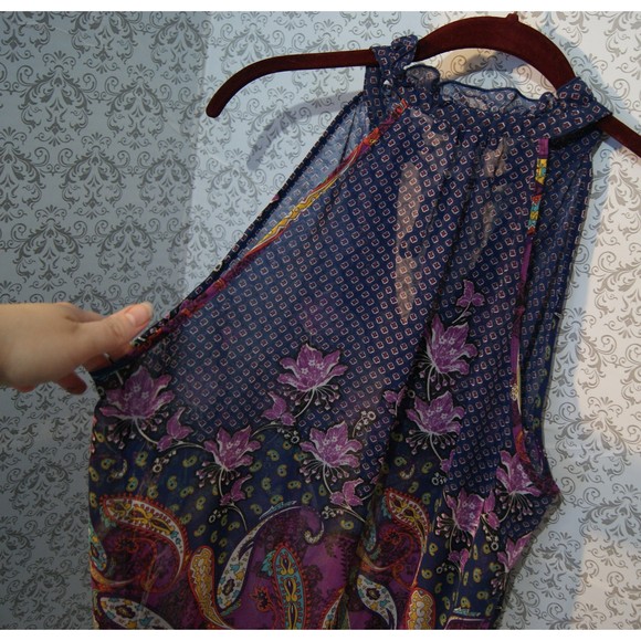 Medium (Plz Read) Forever 21 Twenty One Sheer Top Tie Keyhole Neck Ruffle Purple - Picture 7 of 10